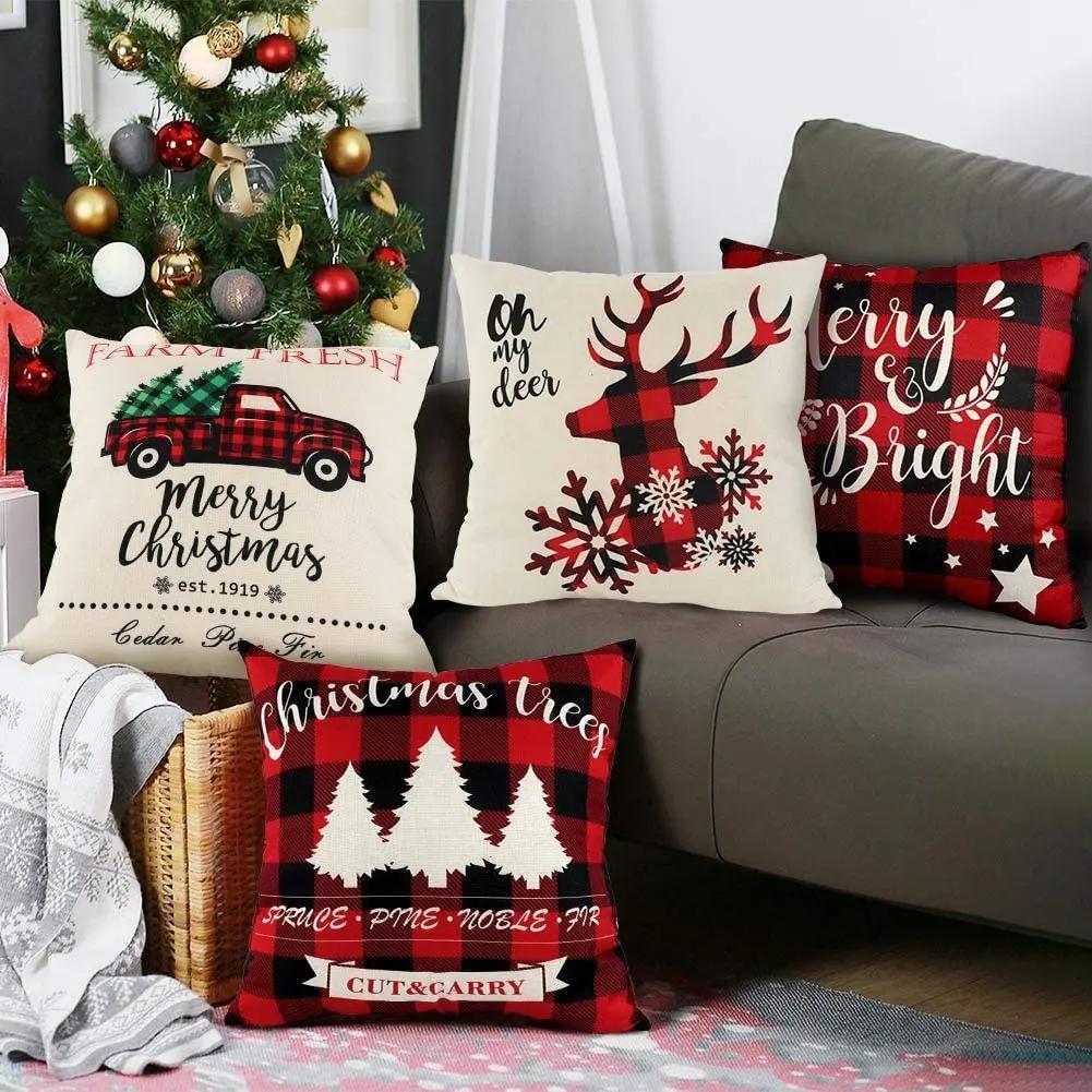 Christmas Throw Pillow Covers 18x18 Inch Set of 4, Linen Christmas Pillowcase Red Buffalo Plaid Pillow Case Farmhous